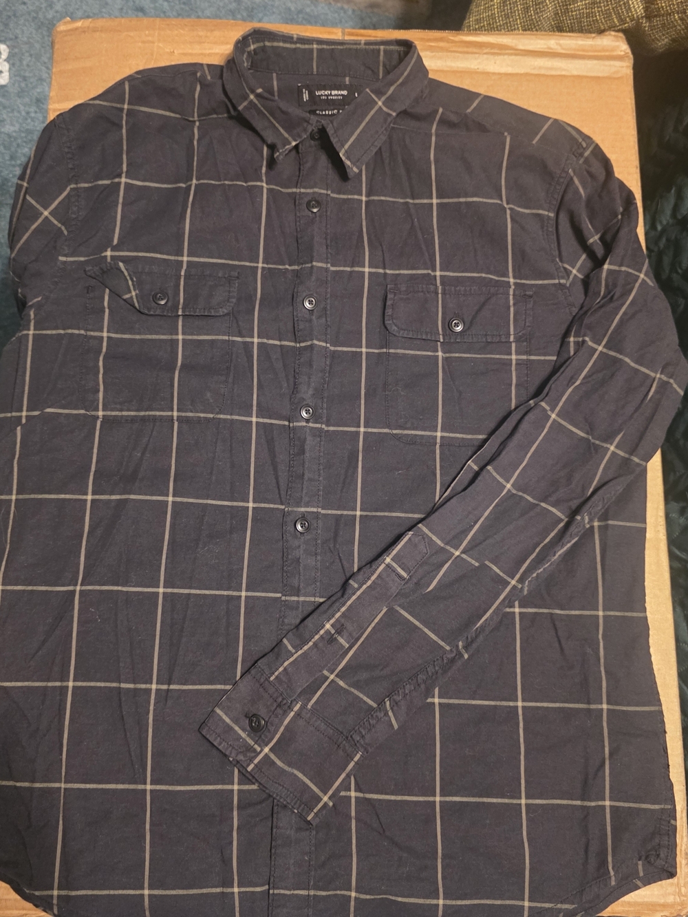 Lucky Brand Navy Button-Down Shirt with Tan Windowpane